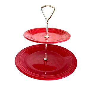 Fiesta Two-Tier serving Stand Red Ceramic‎ Plates W/ Silver Metal Handle vintage